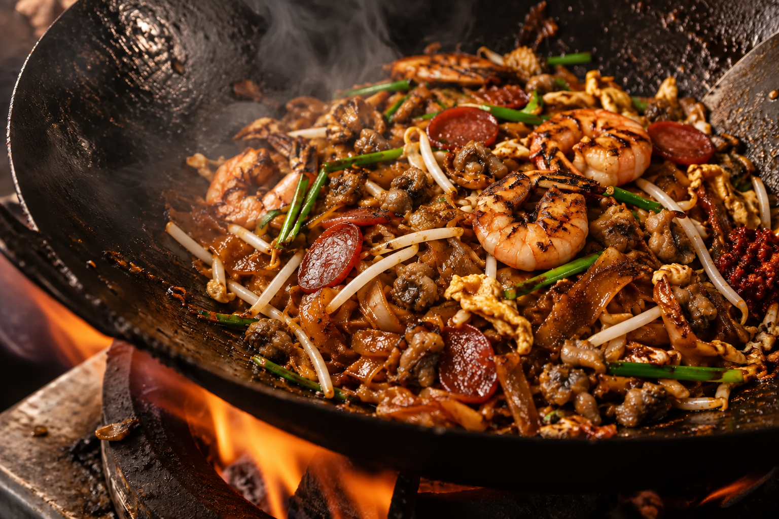 Char koay teow close-up with shelled cockle meat and no cockle shells